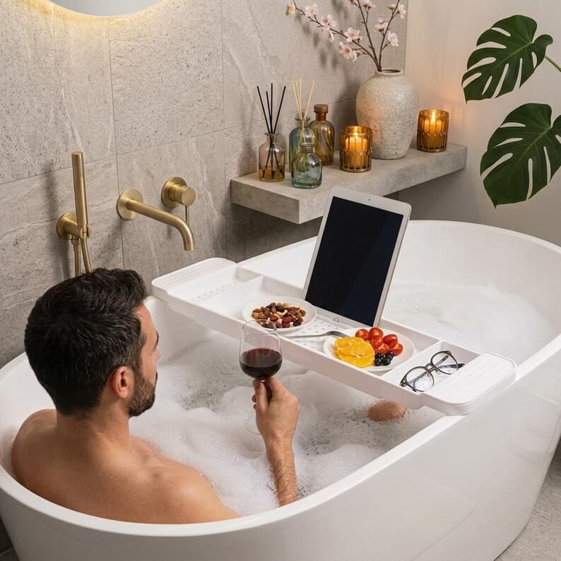 Extensible Bath Caddy Tray, Multifunction Bathtub Organizer, Shower Storage Shelf