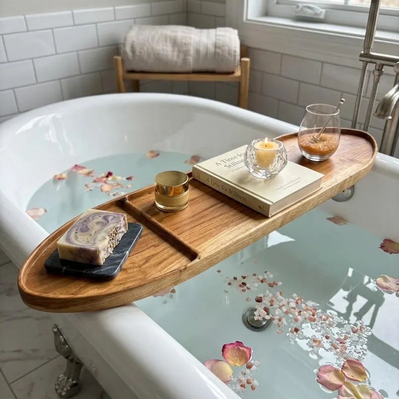 Solid Teak Wood Bathtub Tray, Handmade Bath Caddy, Custom Size Spa Organizer