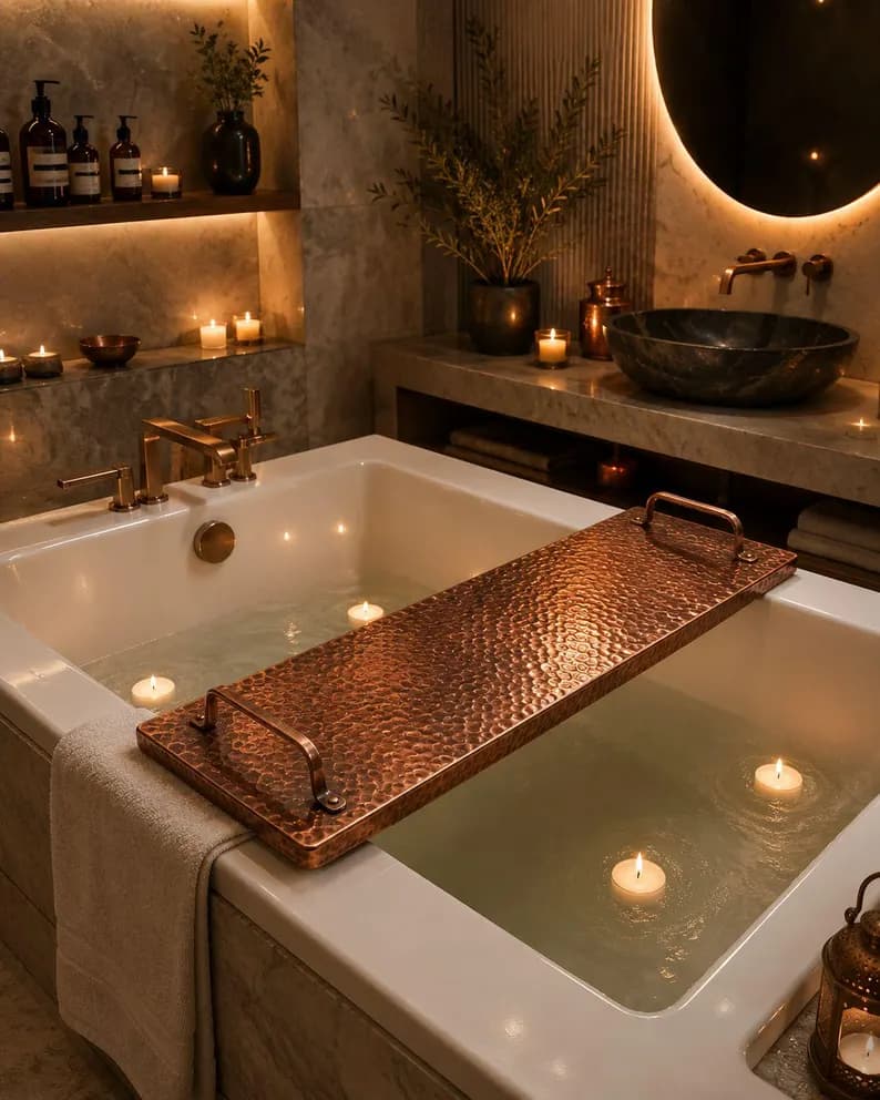 Hammered Copper Bath Tray with Handles | Moroccan Artisan Bathtub Caddy | Luxury Spa Gift | Handmade Copper Tray | Bathroom Decor