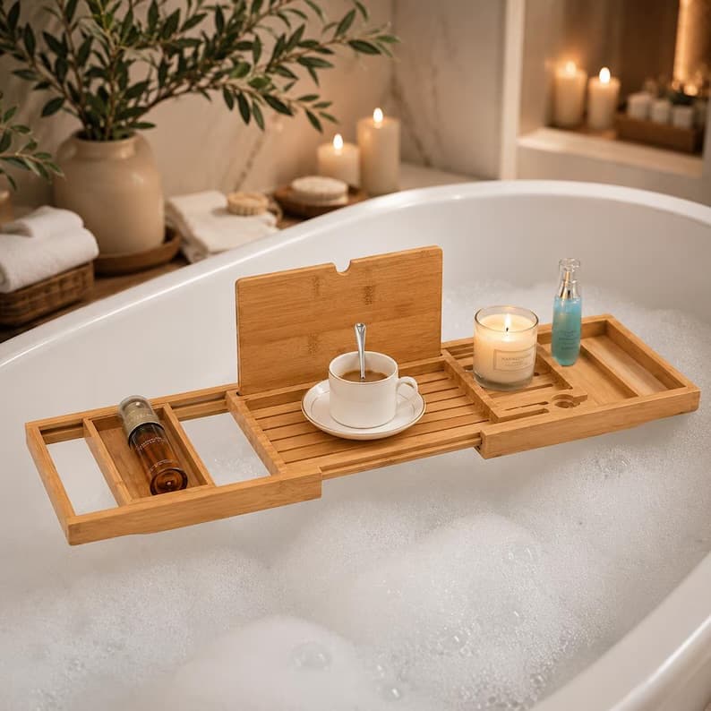 Expandable Wooden Bathtub Tray – Luxury Bath Caddy with Book, Tablet & Wine Holder