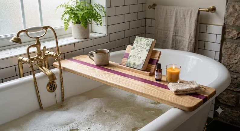 Ash Oak Purple Heart bathtub tray.
