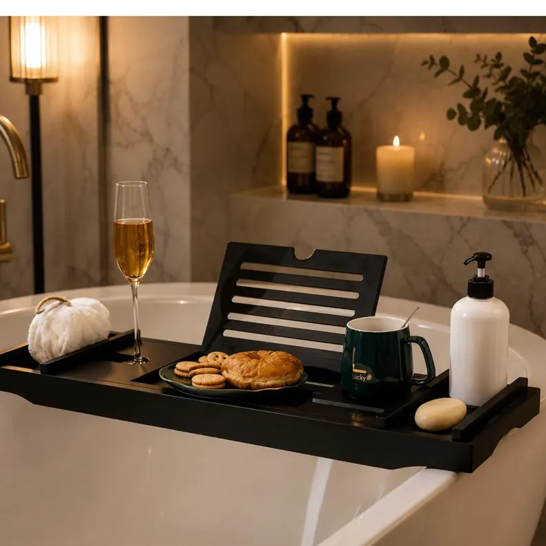 Adjustable Bamboo Bathtub Caddy Tray | Extendable Spa Bath Organizer for Book, Tablet, Wine