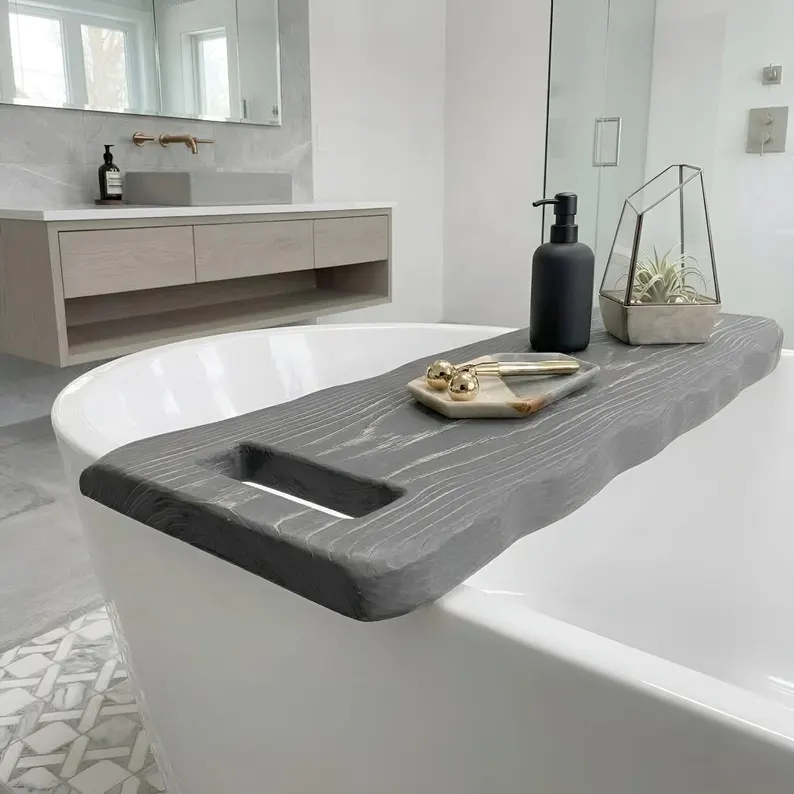 Live Edge Bathtub Caddy Tray, Gray Rustic Wood Bath Board with Towel Holder, Over the Tub Shelf, Wooden Spa Tray