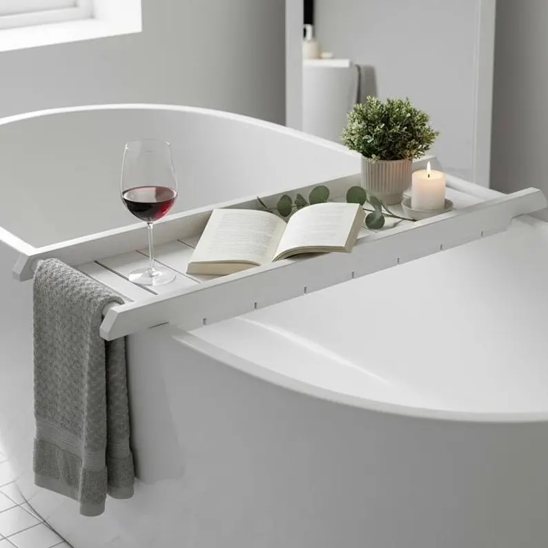 Handmade Bath Caddy | Wooden Bathtub Tray with Towel Rail | Custom Bath Board
