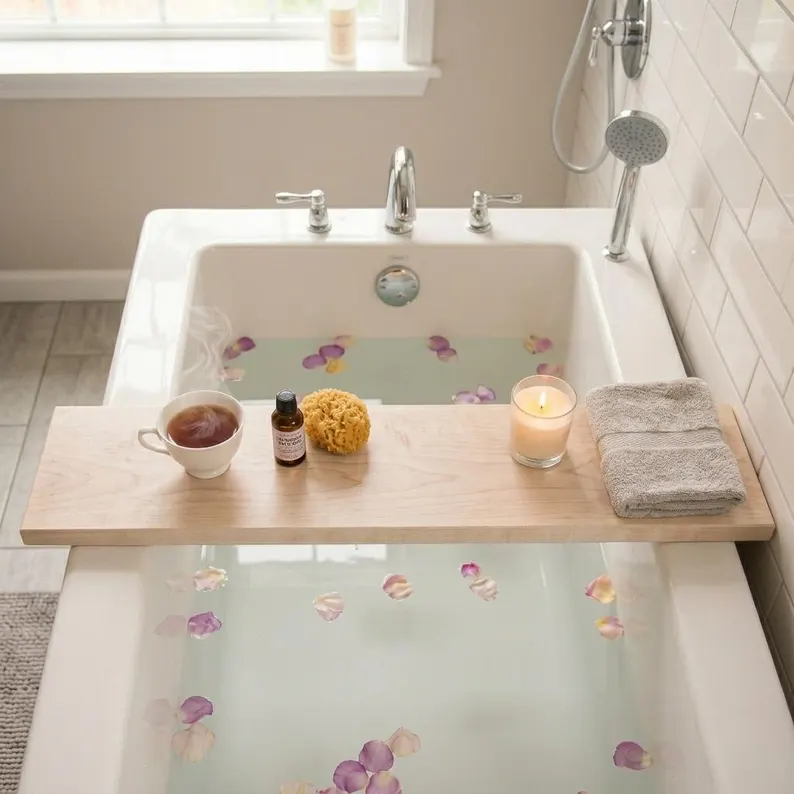 Maple Wood Bathtub Tray Caddy for Relaxing Bath Experience