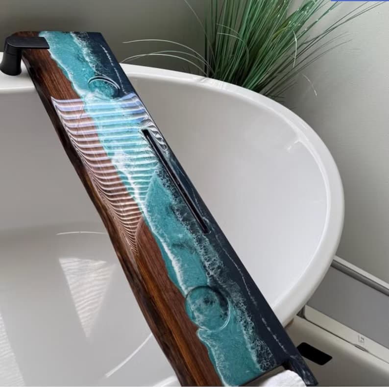 Live edge walnut ocean themed epoxy resin tub caddy