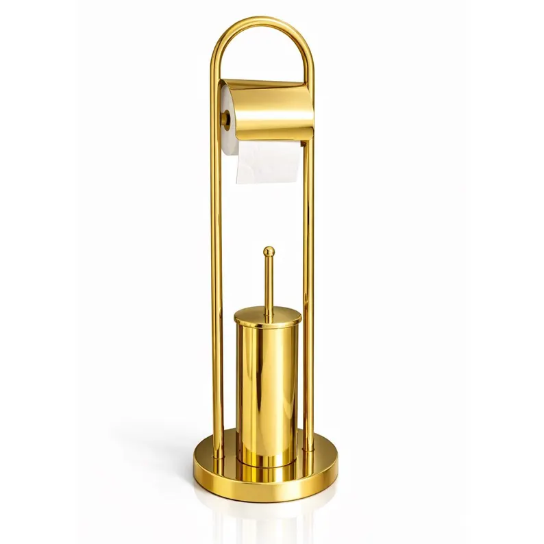 Free Standing Toilet Paper Holder with Brush – Stainless Steel Luxury Bathroom Set – Gold, Black, Chrome & Brass Finish Options