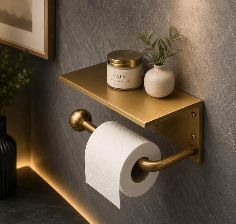 Brass Toilet Paper Holder with Shelf, Wall Mounted Bathroom Organizer, Modern Toilet Roll Holder, Phone Shelf, Brass Bathroom Deco