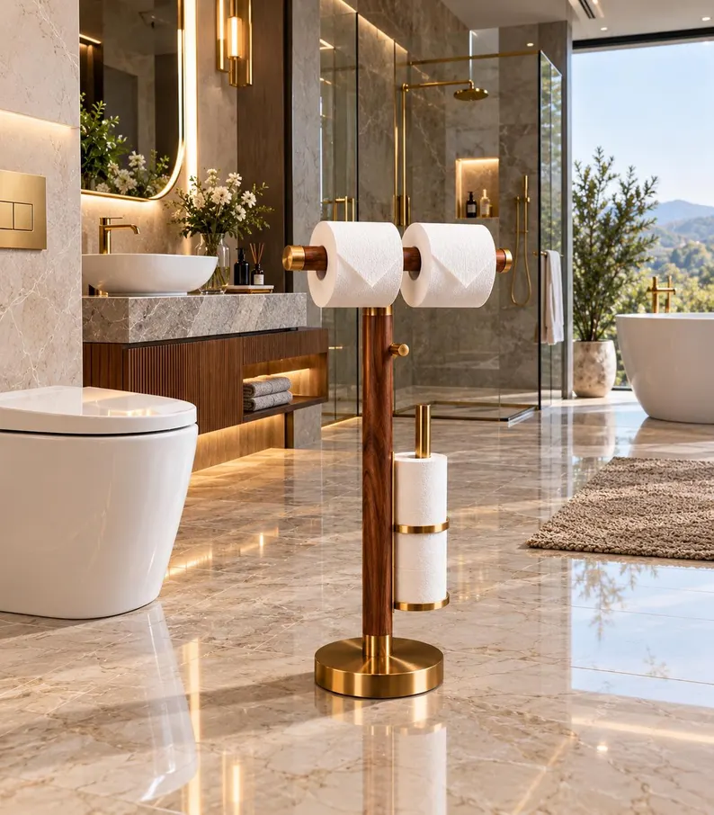 Luxury Freestanding Toilet Paper Holder and Brush Stand | Wood and Gold Bathroom Organizer