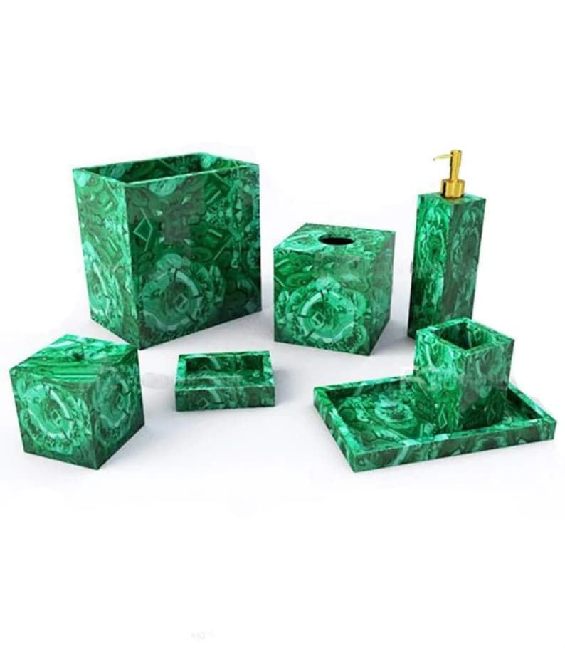 Malachite Bath Set of 7 Pieces | Luxury Green Stone Bathroom Accessories Set | Vanity Decor Tissue Holder & Soap Dispenser | Christmas Gift