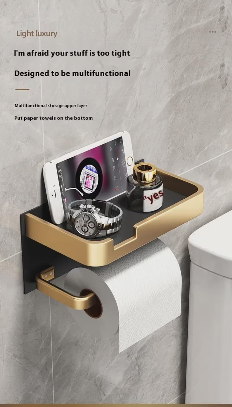 Black Gold Toilet Paper Holder with Shelf, Modern Luxury Bathroom Accessory