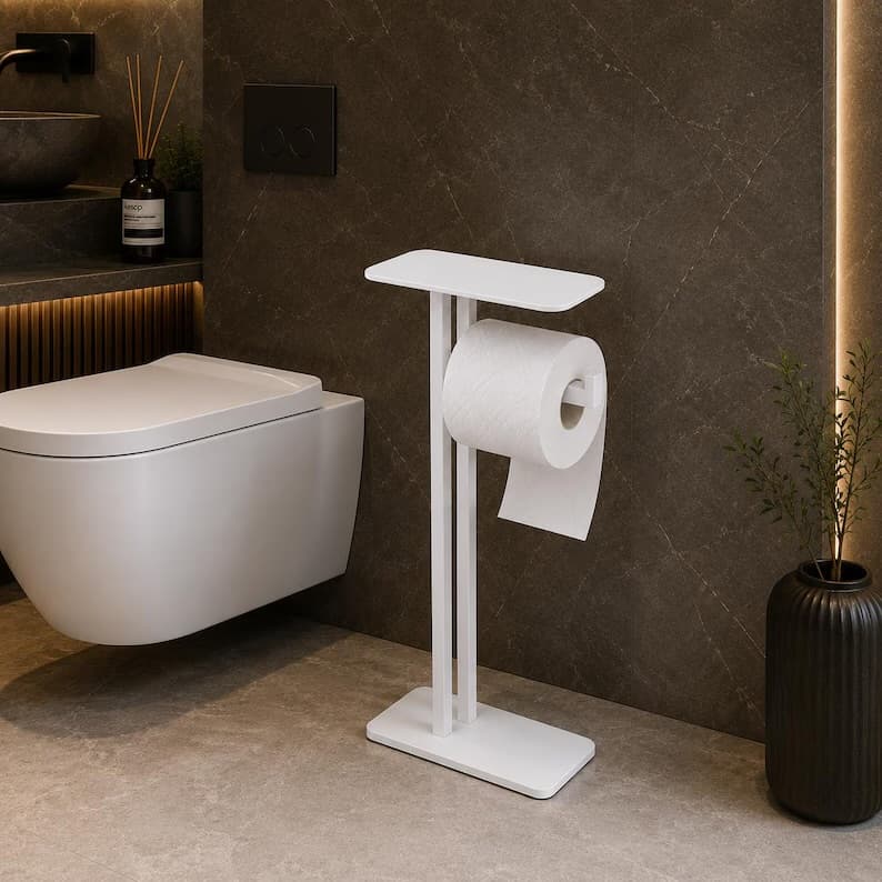 White Toilet Paper Stand with Shelf, Minimalist Bathroom Organizer Decor