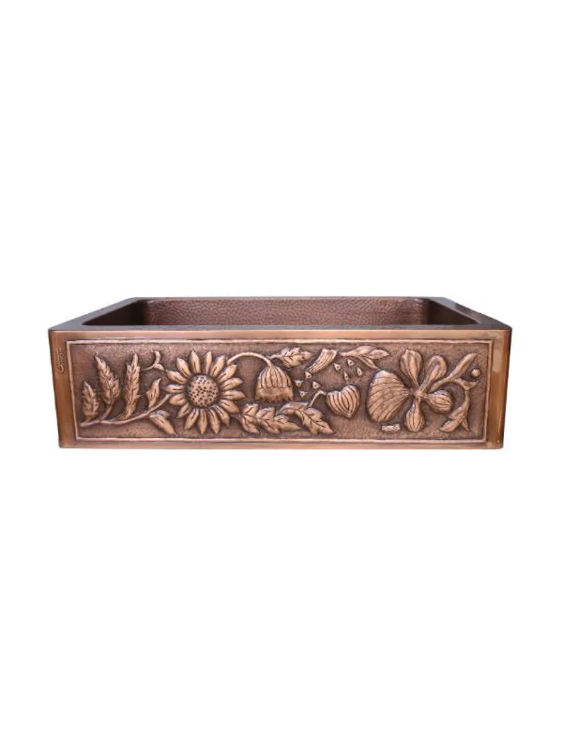 Sunflower Copper Kitchen Sink, Farmhouse Undermount Single Bowl, 16 Gauge Design, Antique Copper Basin for Home Hotel, 33x22x9 Inch