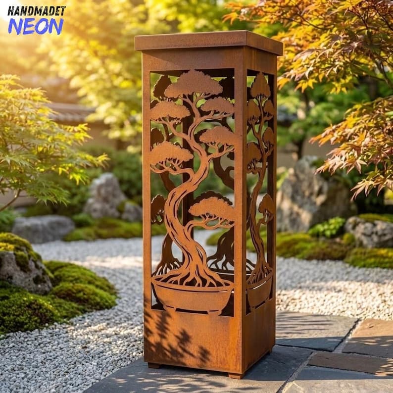 Custom Bonsai Tree Metal Garden Column, Japanese Zen Outdoor Yard Pillar, Botanical Art Decor